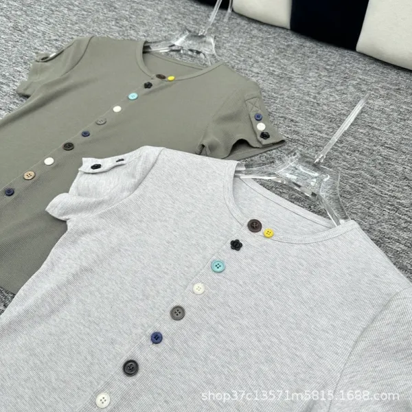 Design Button-Front Ribbed Knit Top Olive Green - 5