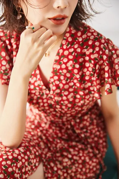 Design Red Floral Wrap Maxi Dress with Ruffle Sleeves Dress - 22