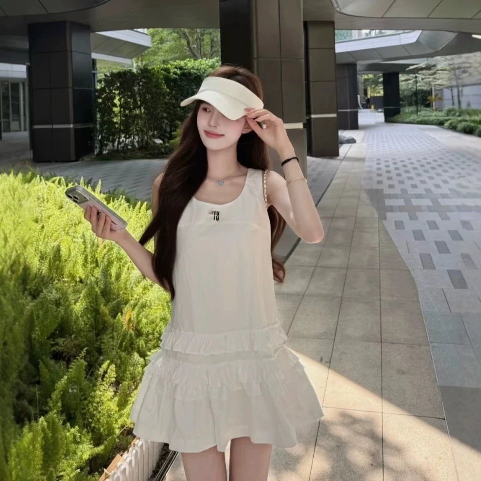 White Sleeveless Tiered Ruffle Dress with Logo Embroidery