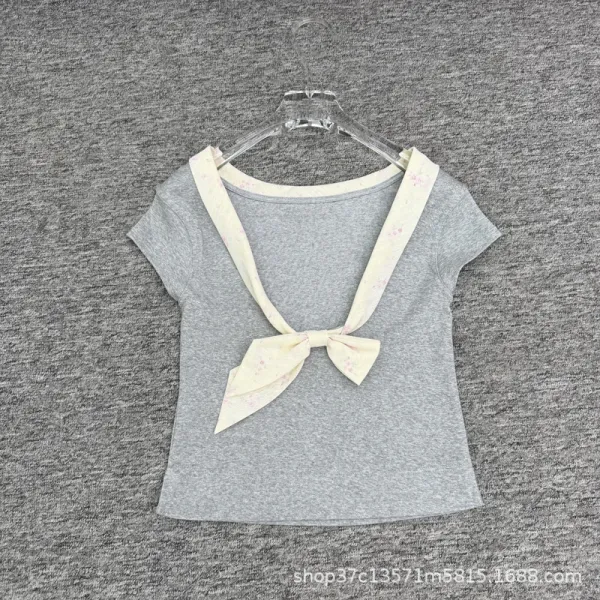 Design Bow-Neck Tie Detail White T-Shirt with Mint Green Trim - 11