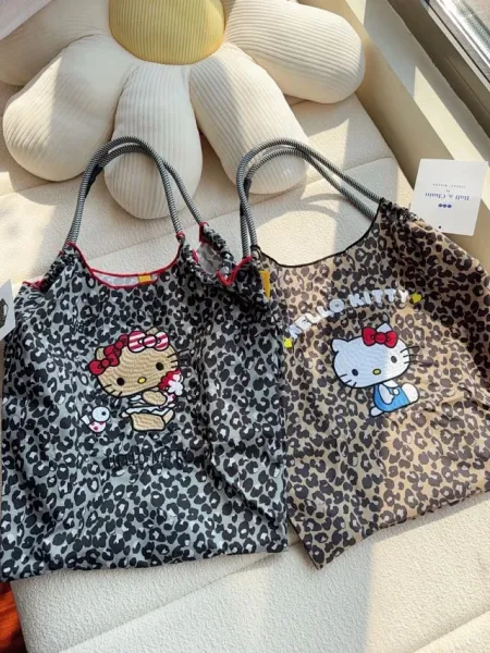Hello Kitty Leopard Print Tote Bag with Embroidered Character and Charm - 16