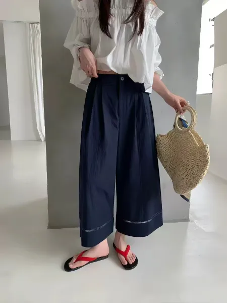Design Wide-Leg Cropped Pants with Contrast Stitching Black - 5