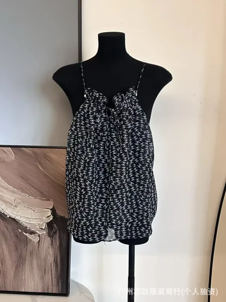 Chanel Logo Print Halter Neck Camisole Top in Pink and Black Vest Top - 6