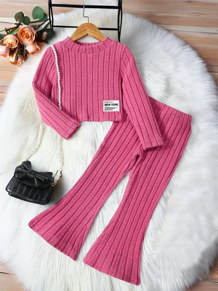 Design Ribbed Knit Crop Top and Flare Pants Set Pink - 2