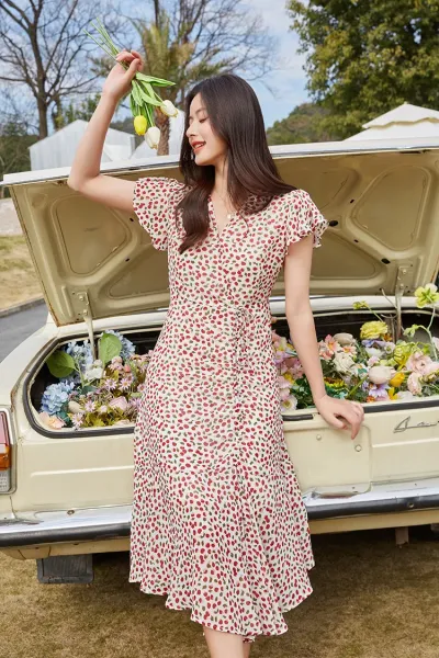 Design Red Floral Wrap Maxi Dress with Ruffle Sleeves Dress - 27