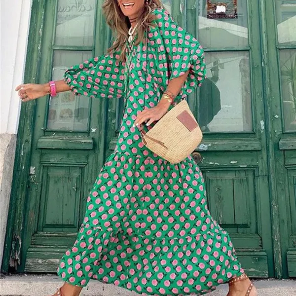 Design Tiered Maxi Dress with Geometric Leaf Print Multicolor - 19