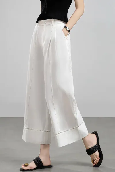 Design Wide-Leg Cropped Pants with Contrast Stitching Black - 11