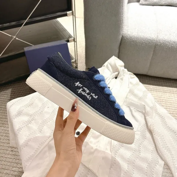 Design Embroidered Suede Sneakers Navy Blue with Pompom Laces - 1