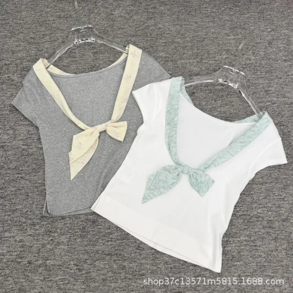 Design Bow-Neck Tie Detail White T-Shirt with Mint Green Trim - 3