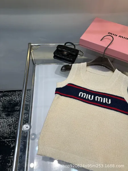 Miu Miu Logo-Striped Knit Vest Top Navy - 4