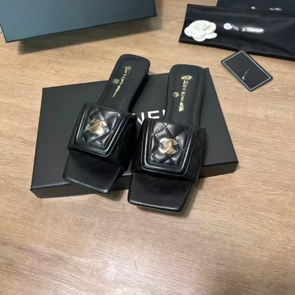 Chanel Quilted CC Logo Slide Sandals Black Slippers - 1