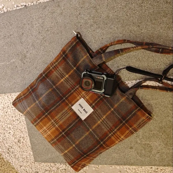 Design Miss Bag Plaid Wool-Blend Tote Bag Brown Multicolor Tote Bag - 4