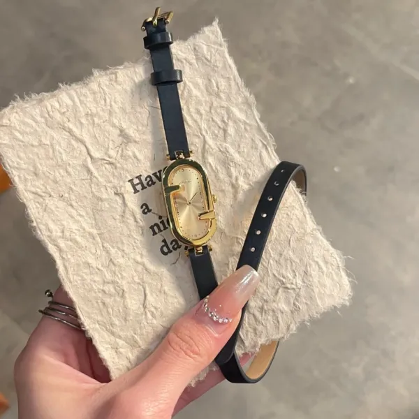 Design Oval Dial Gold-Tone Watch with Black Leather Strap Watches - 1