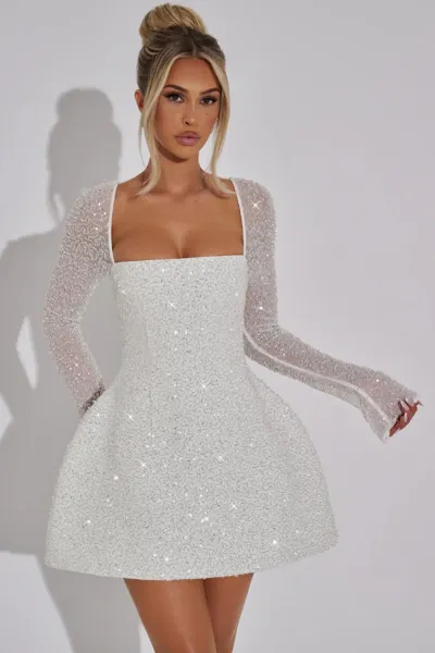 Design Sparkle Mini Dress with Sheer Long Sleeves White Dress - 3