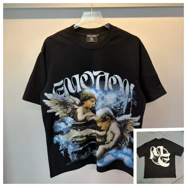 Design Mixed Emotion Angel Print Black Oversized T-Shirt T-Shirts - 1