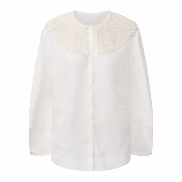 Design Crochet Collar Linen Shirt White Tops Shirt - 1