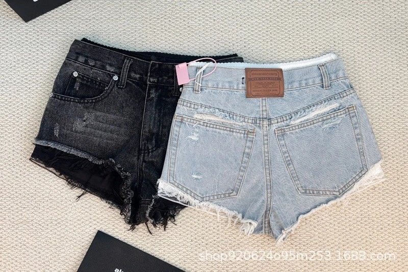 Design Distressed Frayed Hem Denim Shorts Black and Light Wash - 4