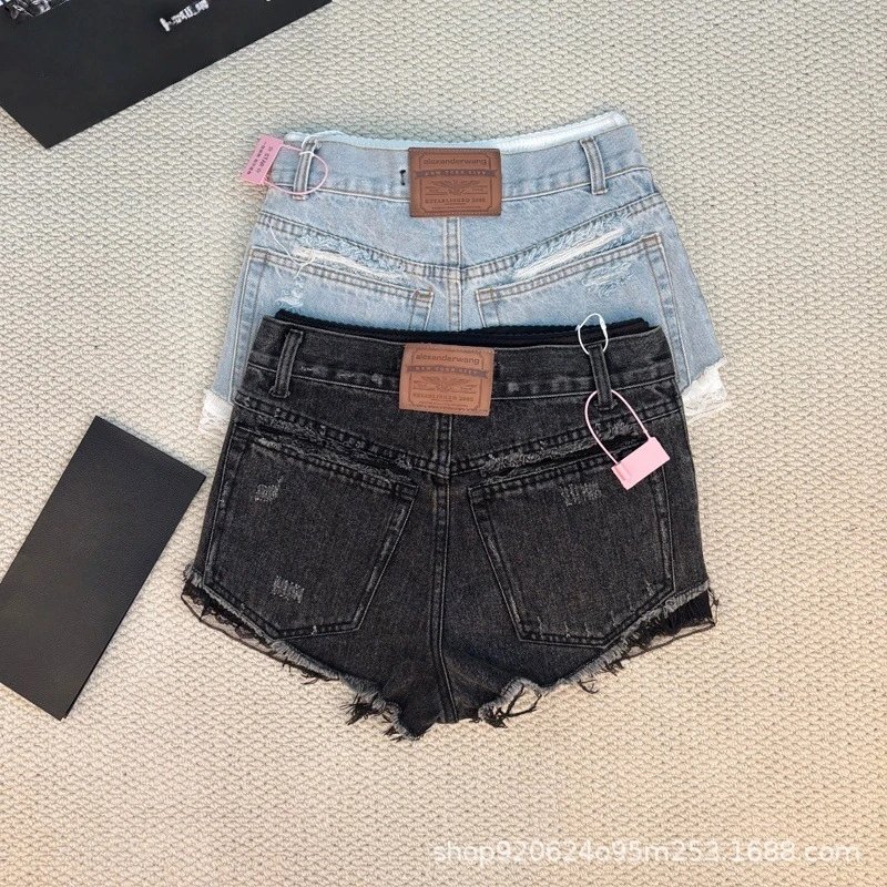 Design Distressed Frayed Hem Denim Shorts Black and Light Wash - 7