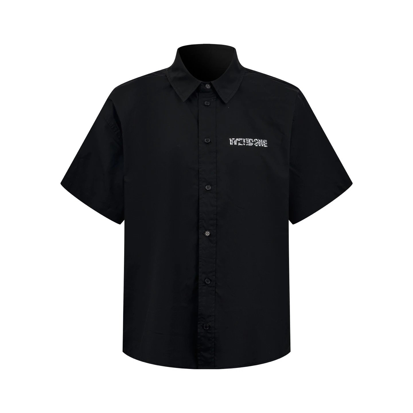 Black Short Sleeve Button-Up Shirt With Embroidered Logo Casual