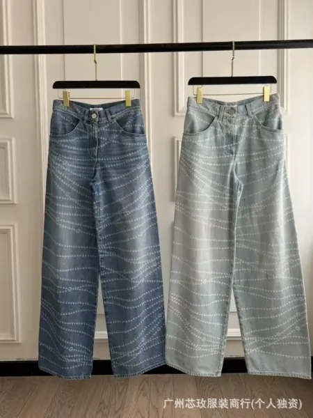 Design Wide-Leg Jeans with Abstract Dot Pattern Blue and Light Gray - 4