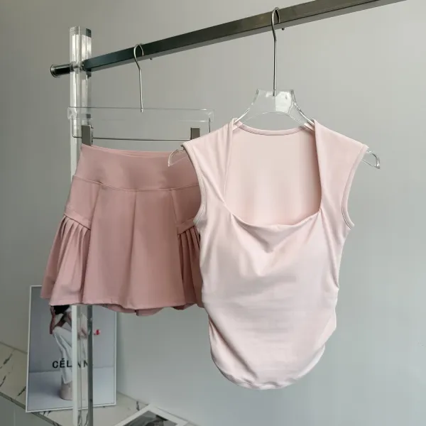 Design Square-Neck Sleeveless Top Beige + Pleated Skort Orange Activewear Set - 5