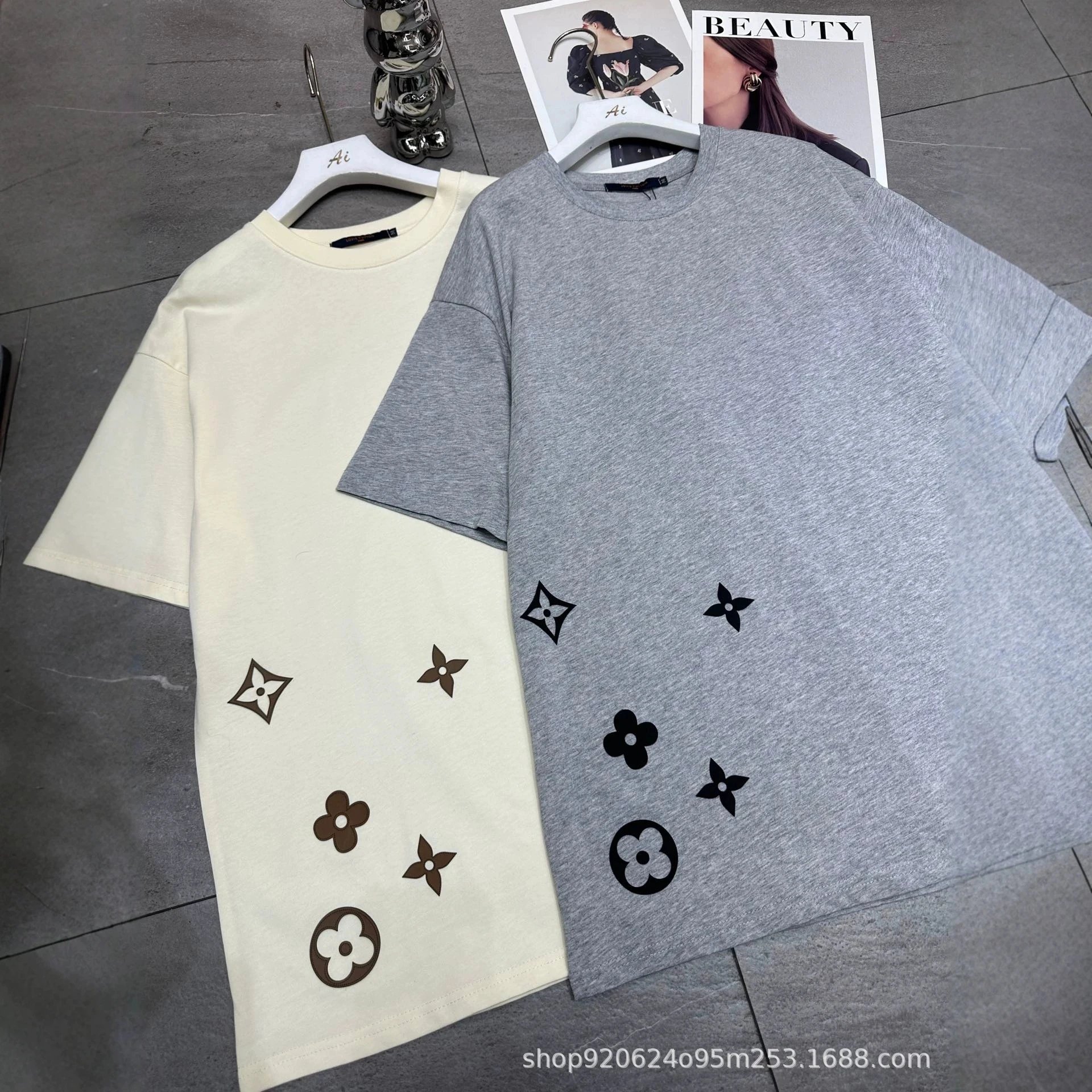 Cotton T-Shirt Cream Gray Monogram Print Oversized Tee