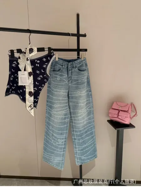 Design Wide-Leg Jeans with Abstract Dot Pattern Blue and Light Gray - 5