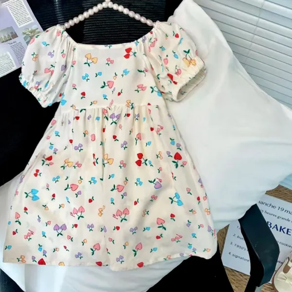 Design Floral Print Puff-Sleeve Smocked Dress in Pink Dress - 5