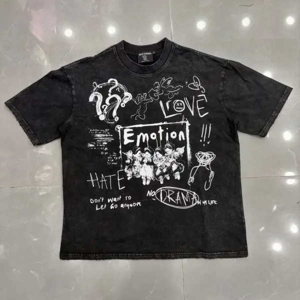 Design Mind Emotion Emotion Graphic Print Black Acid Wash T-Shirt T-Shirts - 1