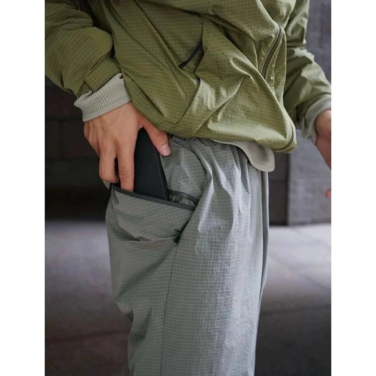 Grid Patterned Gray Utility Pants with Zippered Pocket