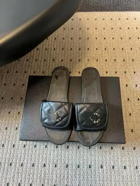 Chanel Quilted Slide Sandals Black Slippers - 1
