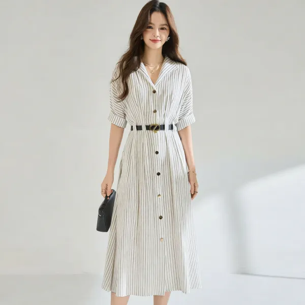 Design Striped Shirt Dress with Belt in Beige and Black Dress - 1
