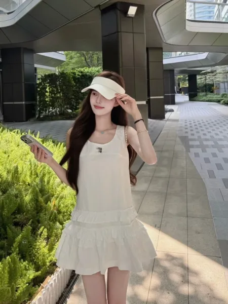 Miu Miu Mini Sleeveless Ruffled Tiered Dress White - 10