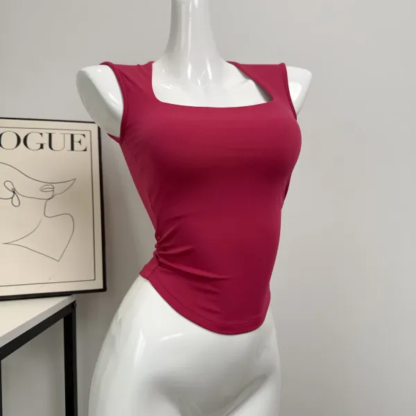 Design Square-Neck Sleeveless Top Beige + Pleated Skort Orange Activewear Set - 19
