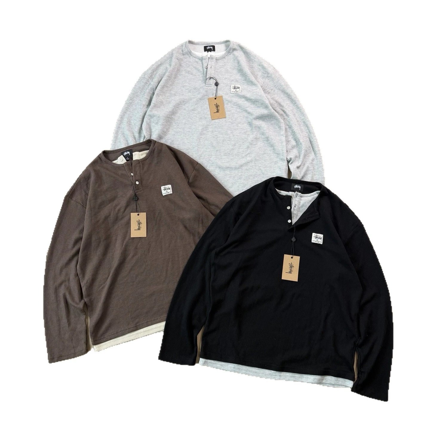 Stussy Ribbed Henley Long Sleeve Shirt Gray Brown Black Casual