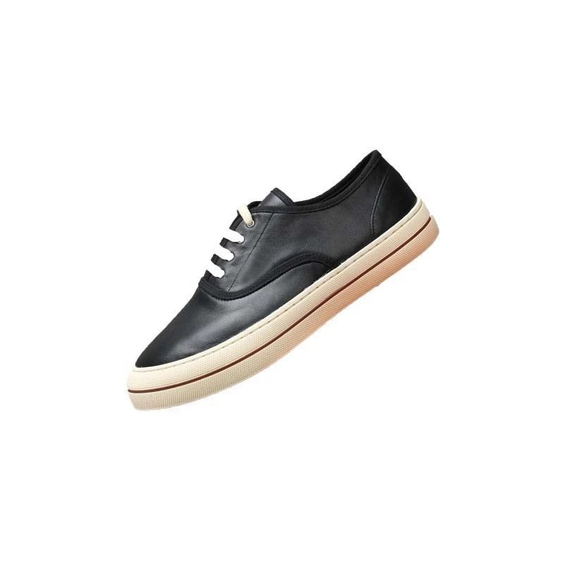Black Leather Low Top White Lace Casual Sneakers