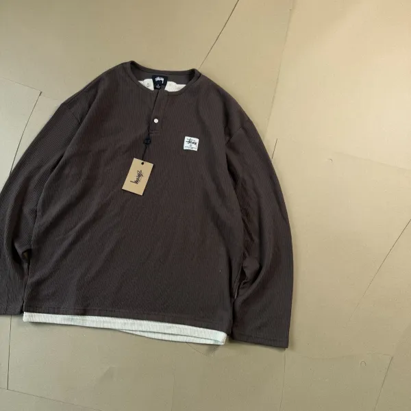 Stussy Ribbed Henley Long Sleeve Shirt Brown - 1