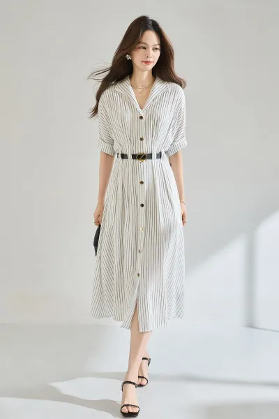 Design Striped Shirt Dress with Belt in Beige and Black Dress - 3