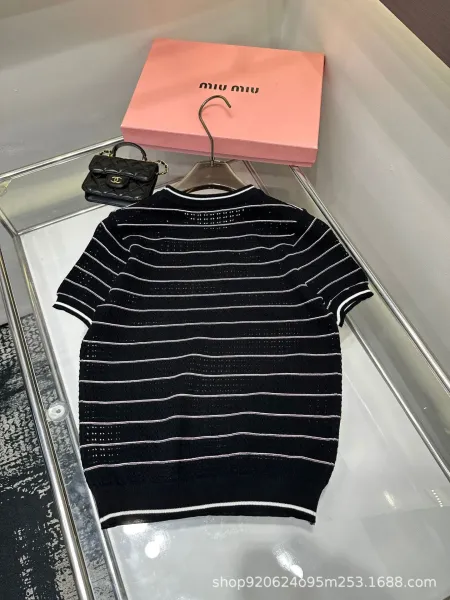 Chanel Pink CC Logo Striped Knit T-Shirt Black - 5