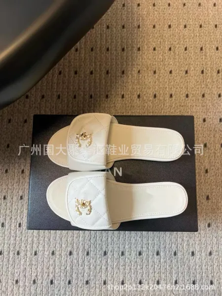Chanel Quilted CC Logo Slide Sandals Beige Slippers - 18