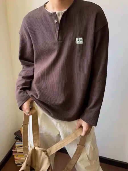 Stussy Ribbed Henley Long Sleeve Shirt Brown - 10