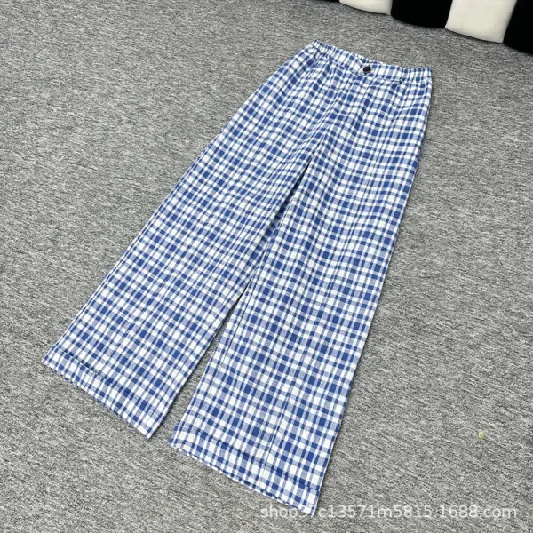 Design Wide-Leg Gingham Check Pants Blue and White - 3