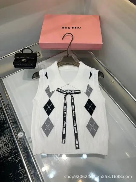 Miu Miu Argyle Knit Vest Top White with Logo Ribbon - 1