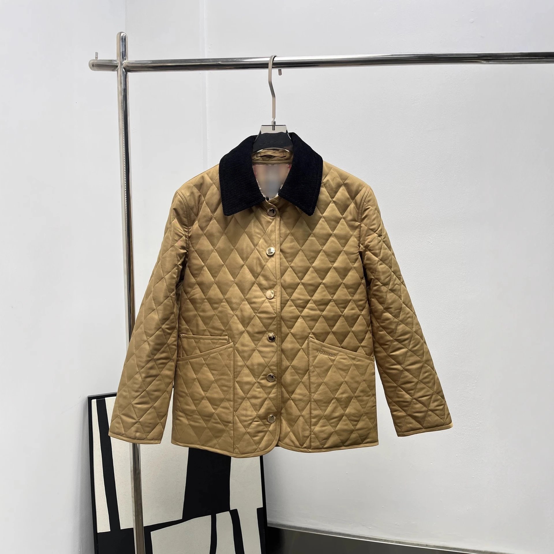 Burberry Quilted Jacket Beige with Black Corduroy Collar Outerwear