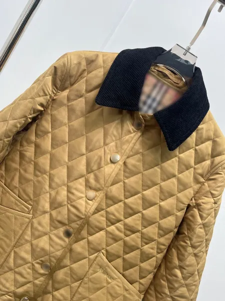 Design Quilted Jacket with Corduroy Collar Beige Outerwear - 9