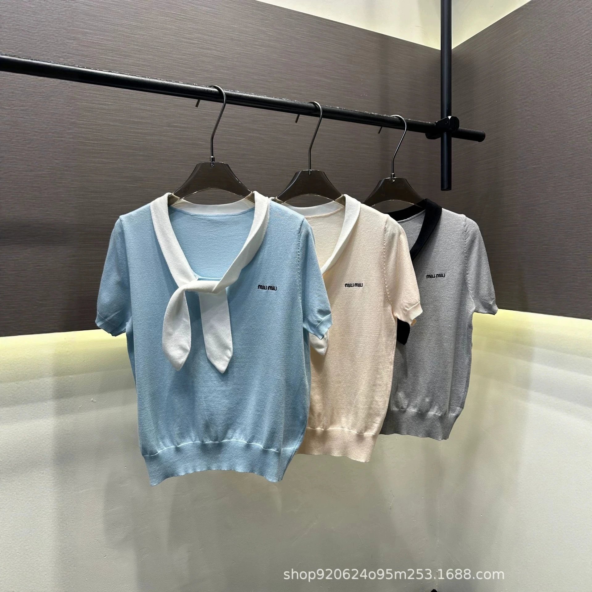 Miu Miu Knit Top Beige V-Neck Tie-Front Casual