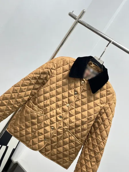 Design Quilted Jacket with Corduroy Collar Beige Outerwear - 19