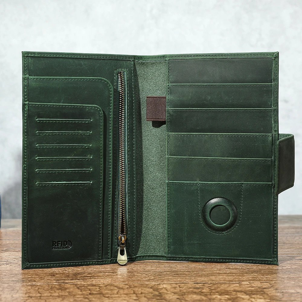 Design RFID-Protected Leather Long Wallet Forest Green
