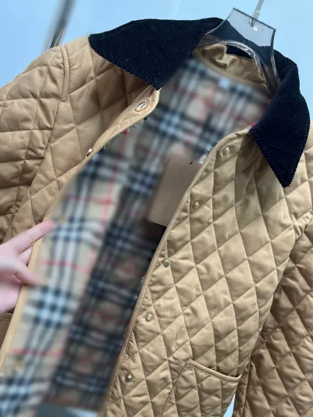 Design Quilted Jacket with Corduroy Collar Beige Outerwear - 26