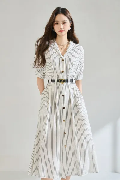 Design Striped Shirt Dress with Belt in Beige and Black Dress - 4